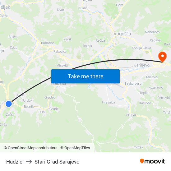 Hadžići to Stari Grad Sarajevo map