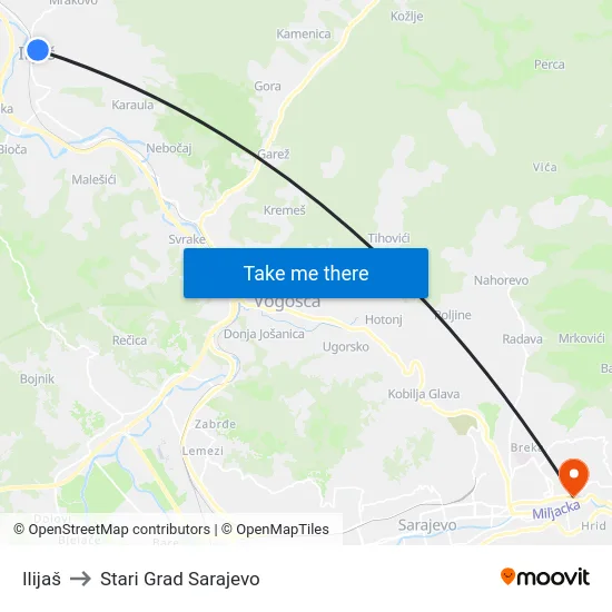 Ilijaš to Stari Grad Sarajevo map