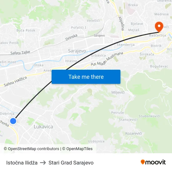 Istočna Ilidža to Stari Grad Sarajevo map