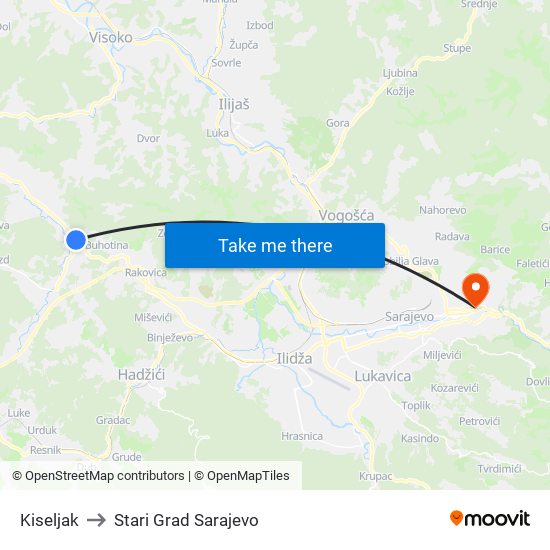 Kiseljak to Stari Grad Sarajevo map