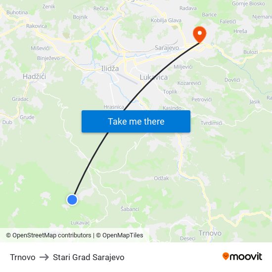 Trnovo to Stari Grad Sarajevo map