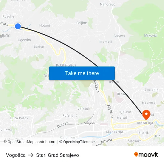 Vogošća to Stari Grad Sarajevo map