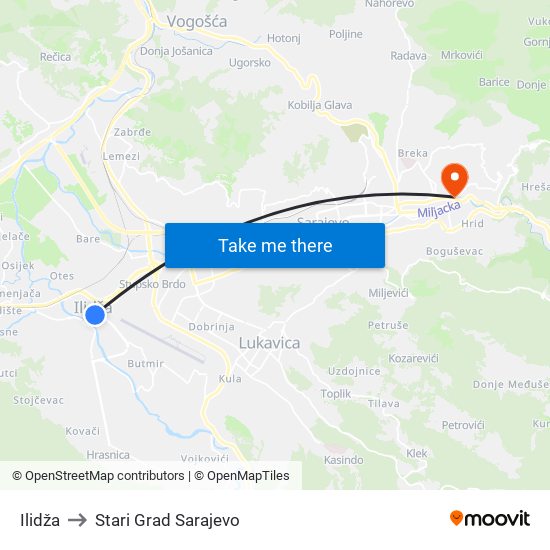 Ilidža to Stari Grad Sarajevo map