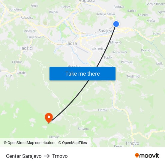 Centar Sarajevo to Trnovo map