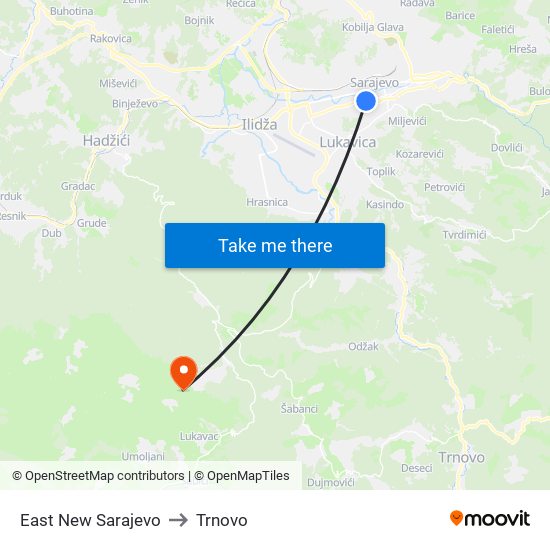 East New Sarajevo to Trnovo map