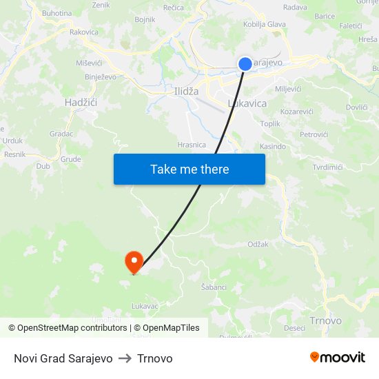 Novi Grad Sarajevo to Trnovo map