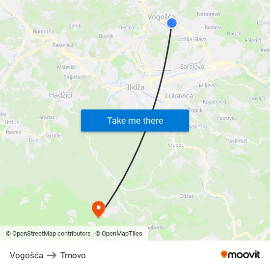 Vogošća to Trnovo map