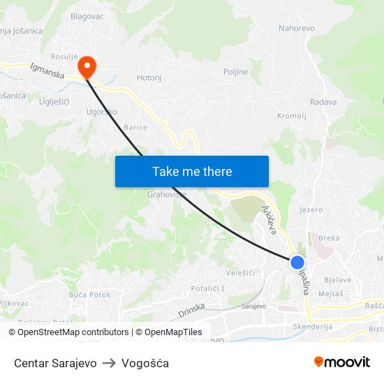 Centar Sarajevo to Vogošća map