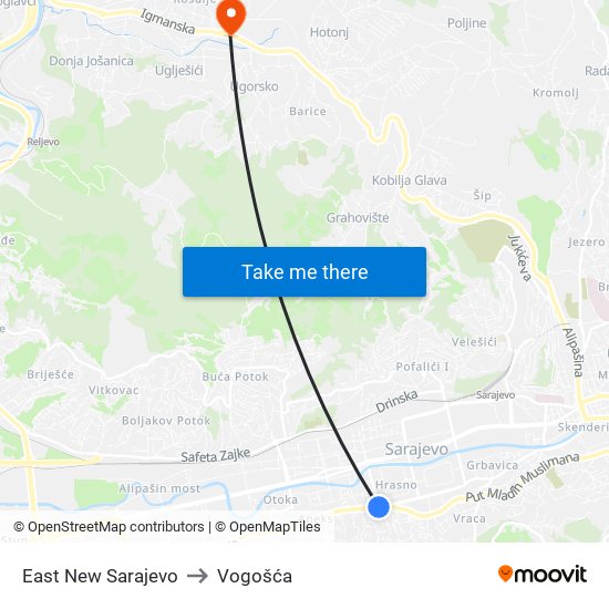 East New Sarajevo to Vogošća map