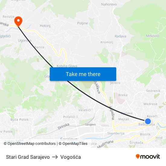 Stari Grad Sarajevo to Vogošća map