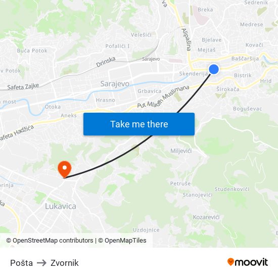 Pošta to Zvornik map