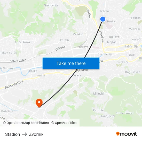 Stadion to Zvornik map