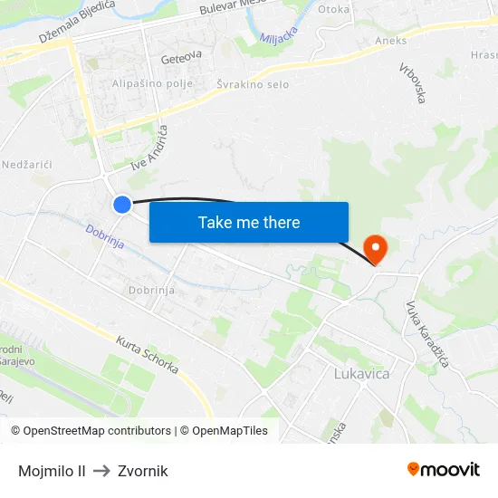 Mojmilo II to Zvornik map