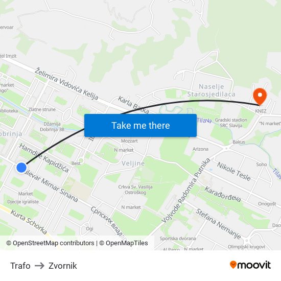 Trafo to Zvornik map