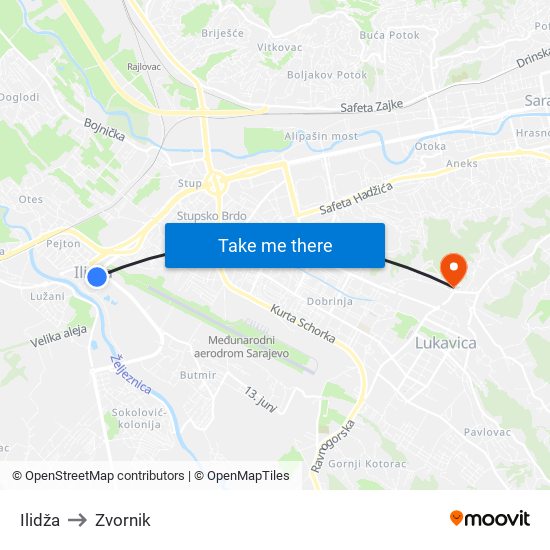 Ilidža to Zvornik map