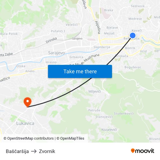 Baščaršija to Zvornik map