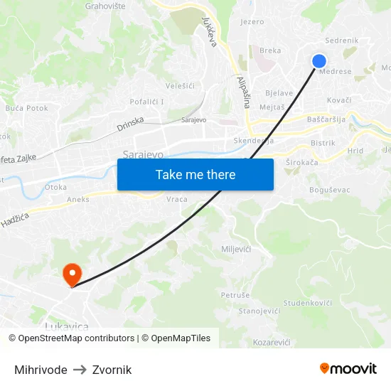 Mihrivode to Zvornik map