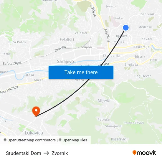 Studentski Dom to Zvornik map