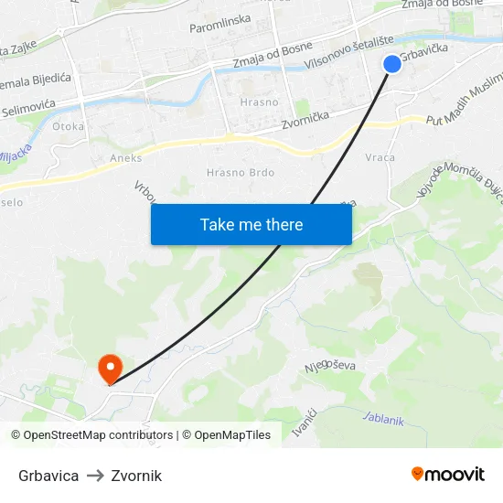 Grbavica to Zvornik map