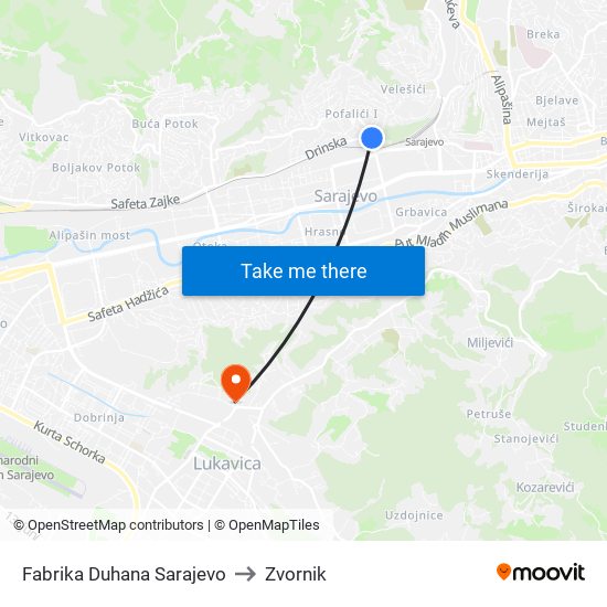 Fabrika Duhana Sarajevo to Zvornik map