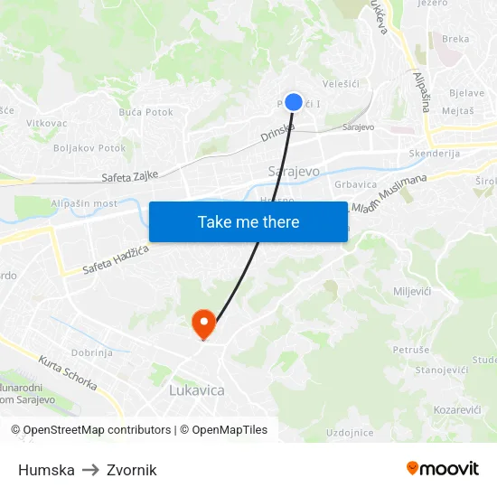 Humska to Zvornik map