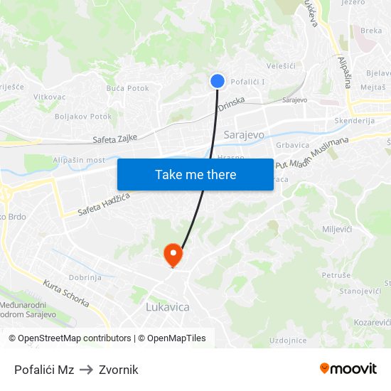 Pofalići Mz to Zvornik map