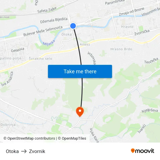 Otoka to Zvornik map