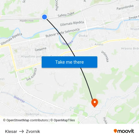 Klesar to Zvornik map