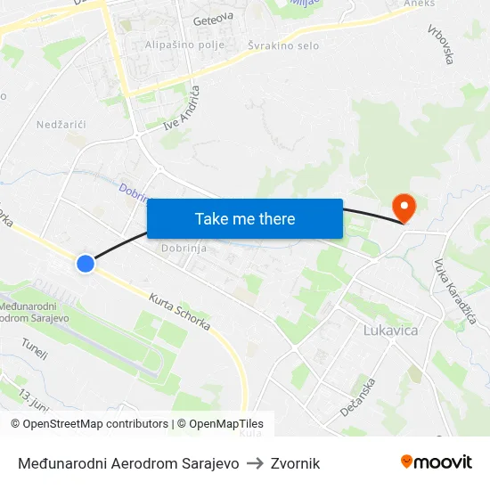 Međunarodni Aerodrom Sarajevo to Zvornik map