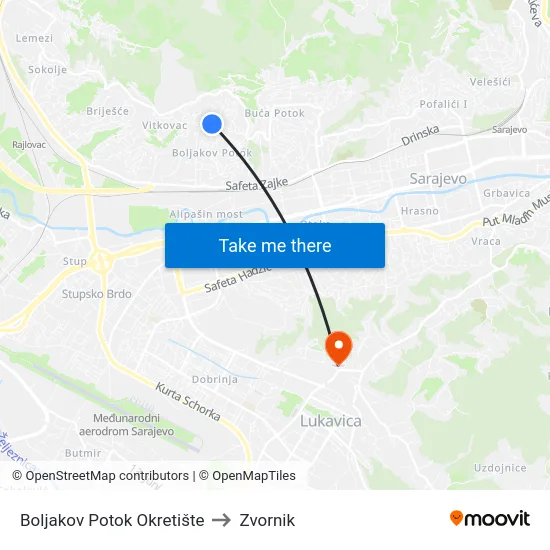 Boljakov Potok Okretište to Zvornik map