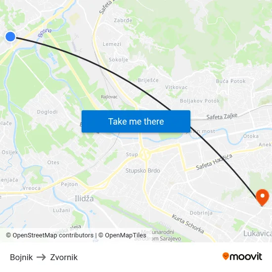 Bojnik to Zvornik map