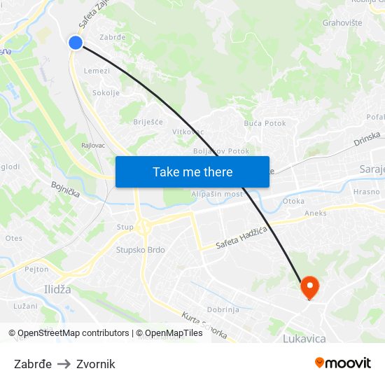 Zabrđe to Zvornik map