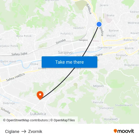 Ciglane to Zvornik map