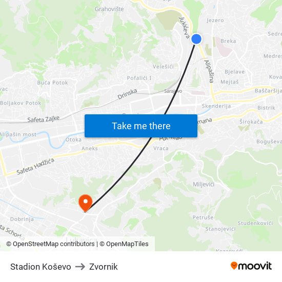 Stadion Koševo to Zvornik map