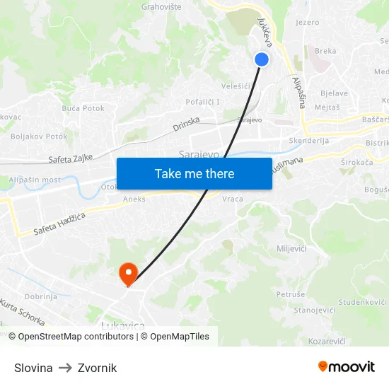 Slovina to Zvornik map