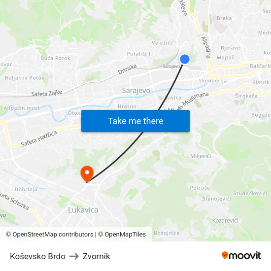 Koševsko Brdo to Zvornik map