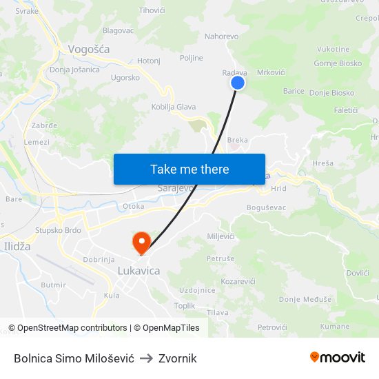 Bolnica Simo Milošević to Zvornik map