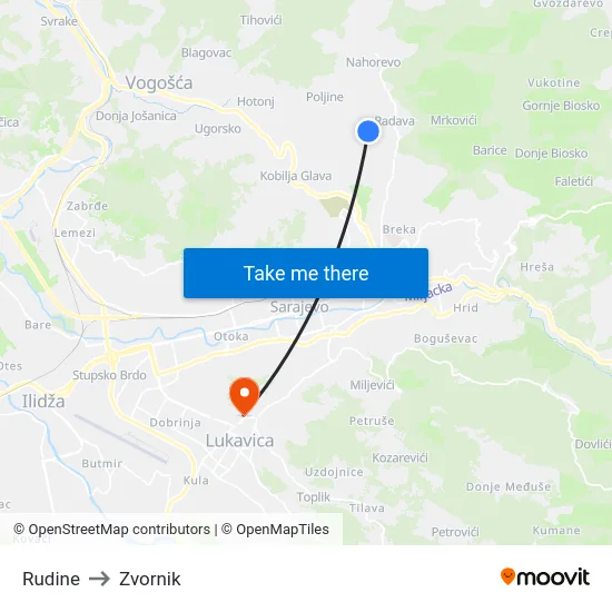 Rudine to Zvornik map