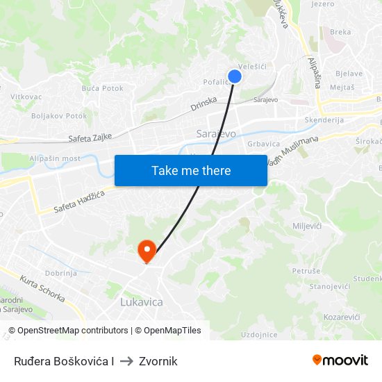 Ruđera Boškovića I to Zvornik map