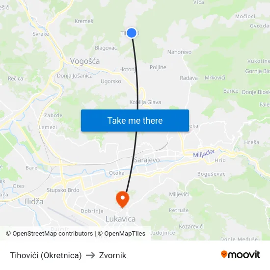 Tihovići (Okretnica) to Zvornik map