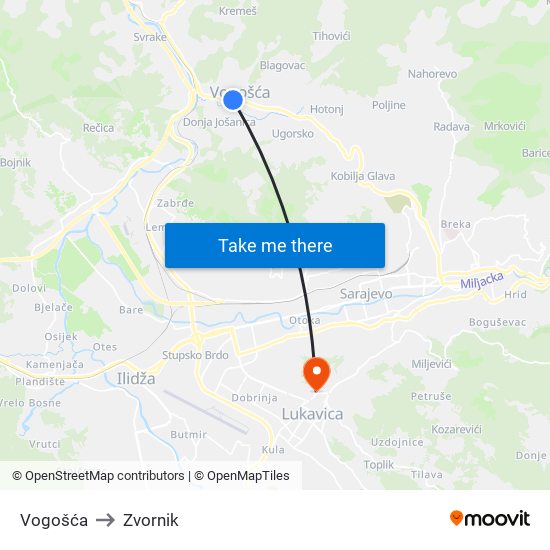 Vogošća to Zvornik map