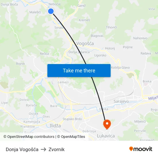 Donja Vogošća to Zvornik map