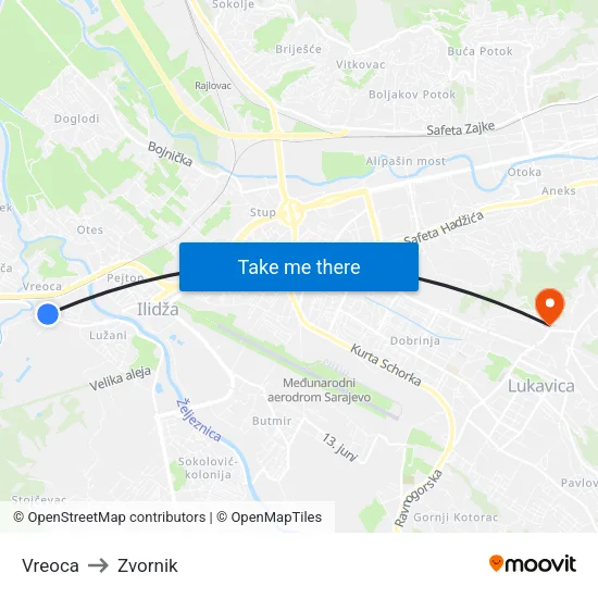 Vreoca to Zvornik map