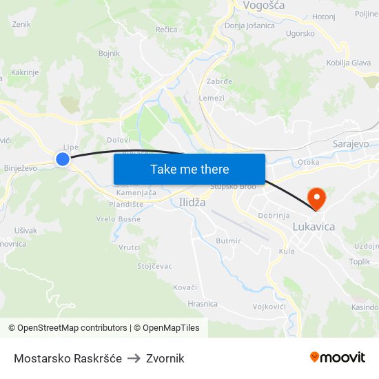 Mostarsko Raskršće to Zvornik map