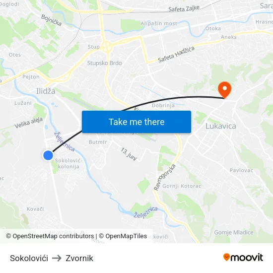Sokolovići to Zvornik map