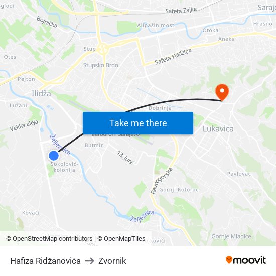 Hafiza Ridžanovića to Zvornik map