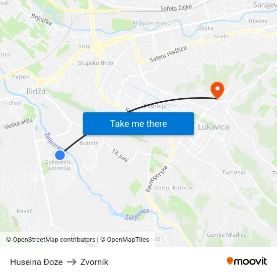 Huseina Đoze to Zvornik map