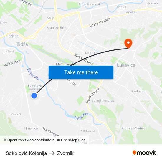 Sokolović Kolonija to Zvornik map
