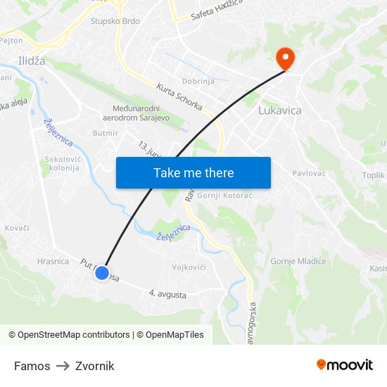 Famos to Zvornik map