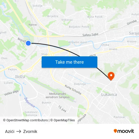 Azići to Zvornik map